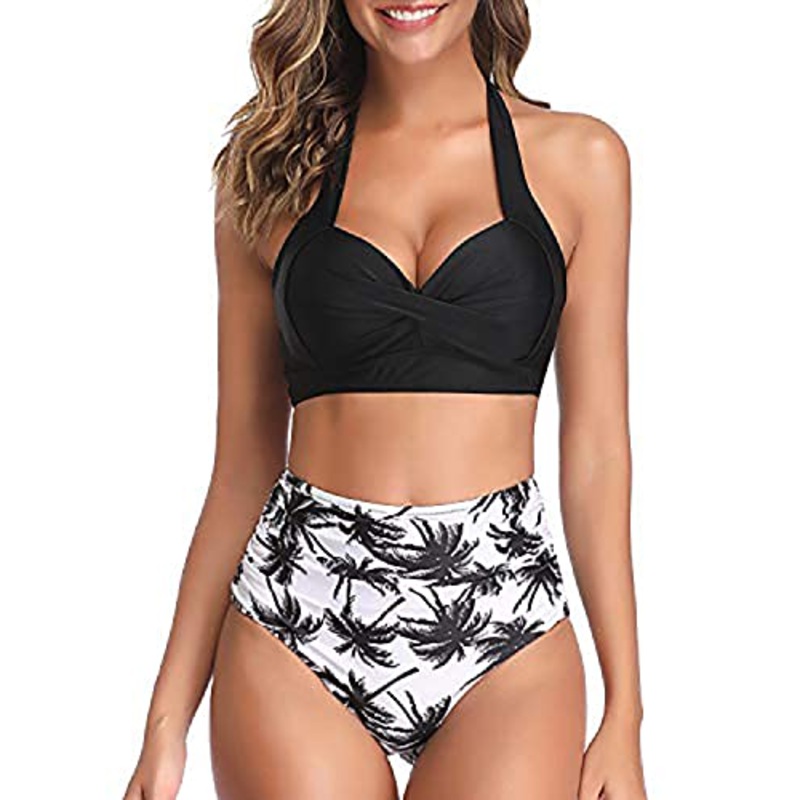 Flattering Pleated Front Panel Vintage High Waisted Bikini-Black Palm Tree