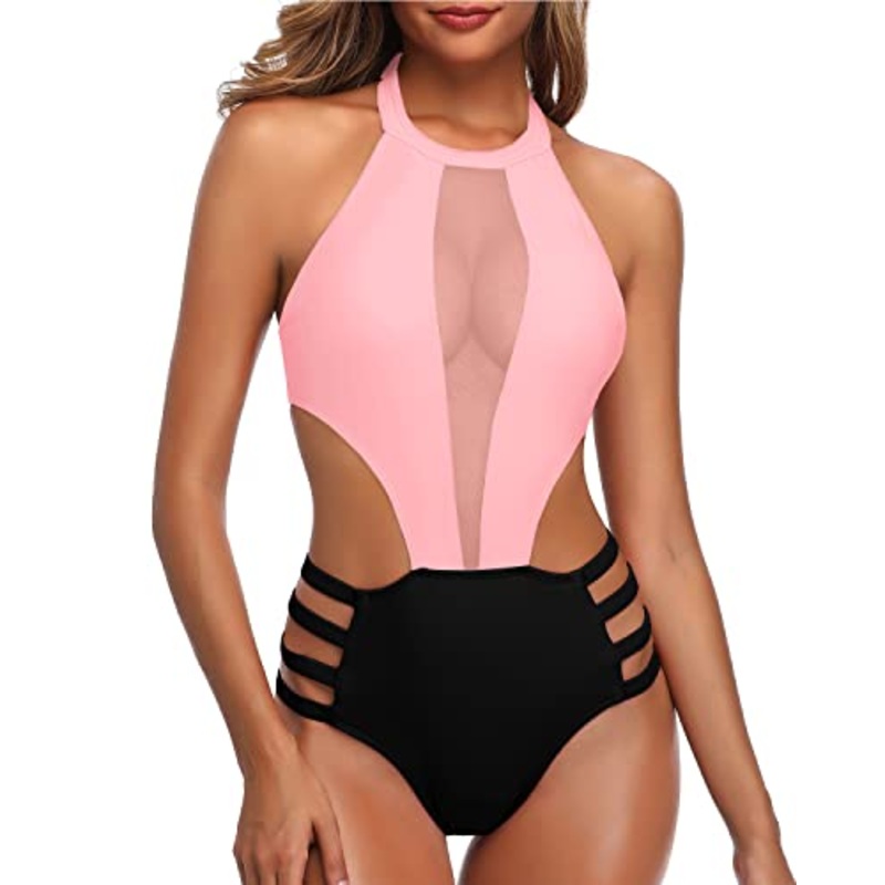 Flattering Waist Cutout Halter One Piece Swimsuit For Women-Pink And Black