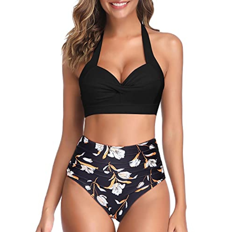 Halter Neck High Waist Bikini Push Up Bra For Women-Black Floral