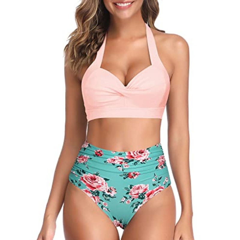 Halter Ruched High Waist Bikini Women's Bikini Swimsuits-Green And Pink Floral