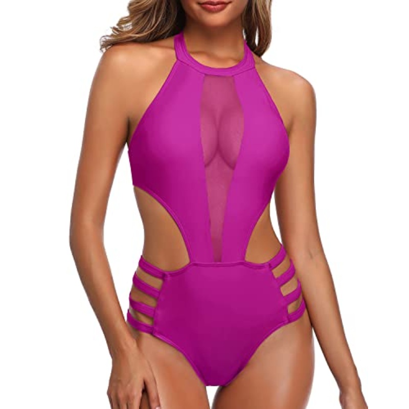 Halter Straps Tie Neck Hook Closure One Piece Monokini Swimwear-Hot Pink