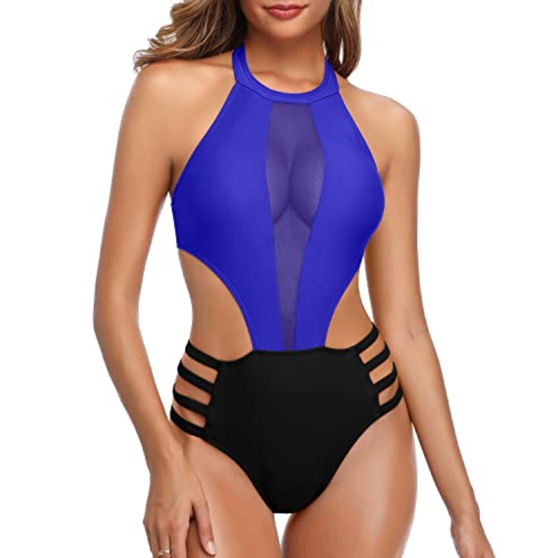 Halter Tie Neckline Sexy One Piece Bathing Suit For Women-Royal Blue And Black