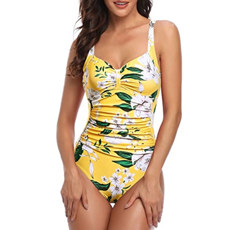 High Cut Adjustable Straps Ruched One Piece Swimsuits For Women-Yellow Flower