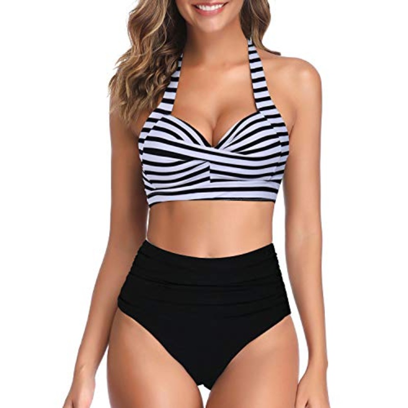 High-Cut Legs Figure-Flattering Pleated Front Panel Two Piece Halter Bikini For Women-Black And White Stripe