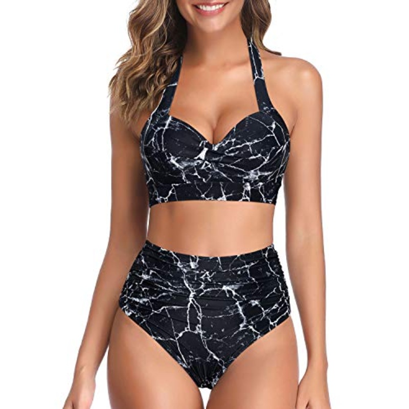 High-Cut Legs Pleated Front Panel Bikini Sets For Women-Black Marble