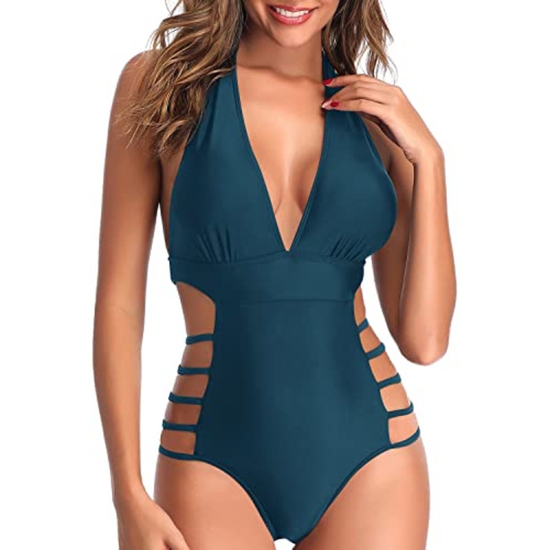 High Leg Cut Out String Sexy One Piece Swimsuits-Teal