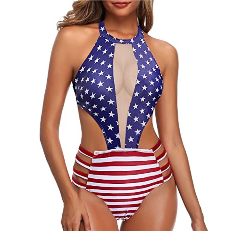 High Neck Halter Cutout Monokini Sexy One Piece Bathing Suit For Women-National Flag