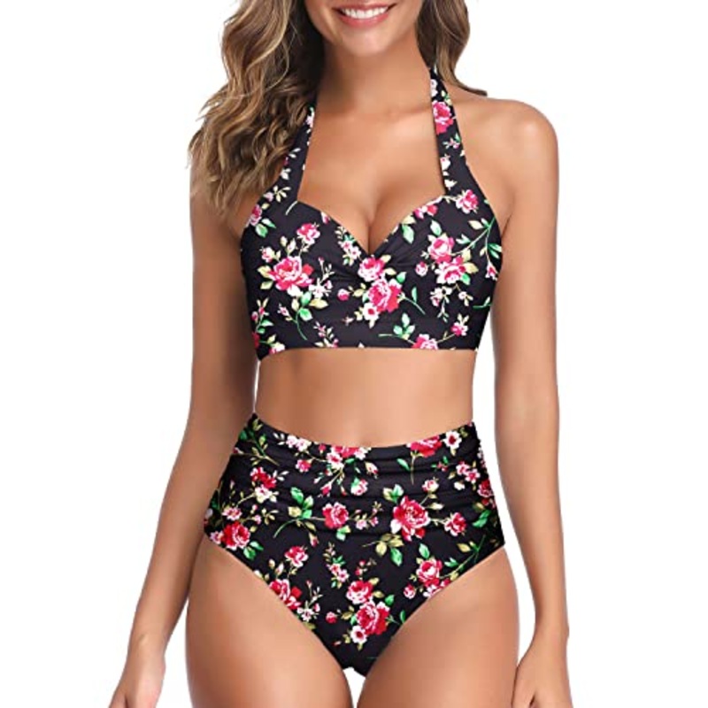 High Waist High-Cut Legs Halter Ruched High Waist Bikini-Black Floral