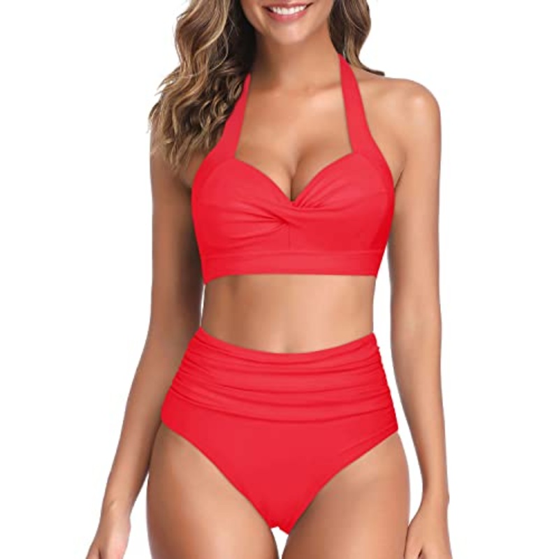 High Waisted Figure-Flattering Halter Push Up Bikini-Neon Red