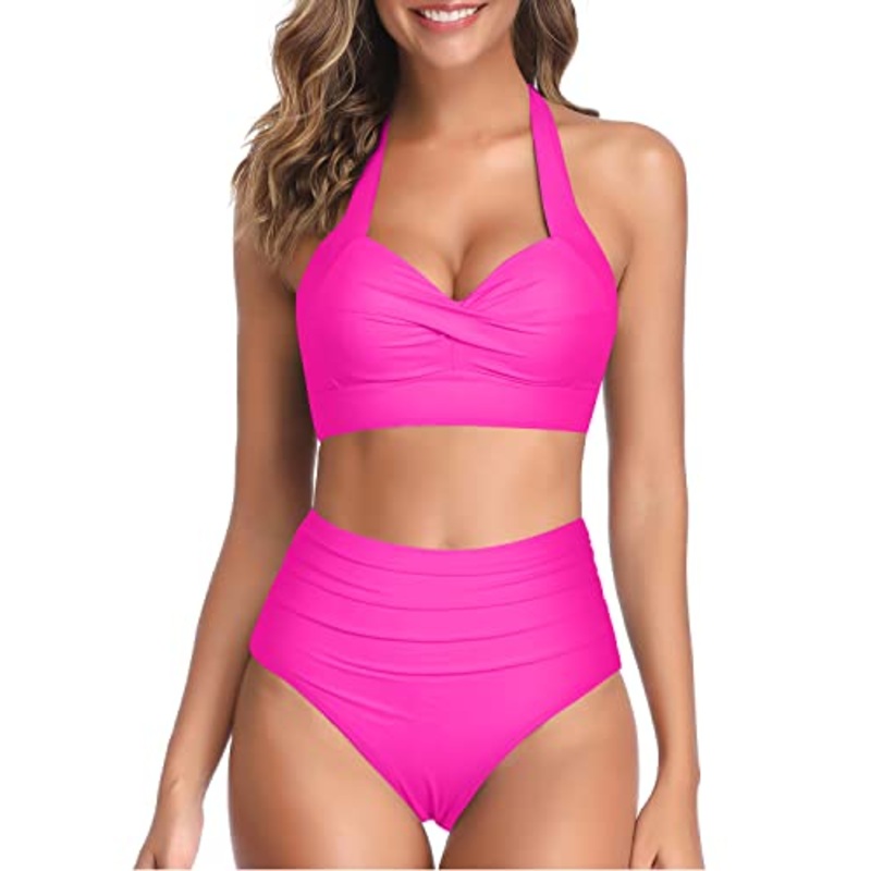 High Waisted Pleated Front Panel Women's Bikini Swimsuits-Neon Pink