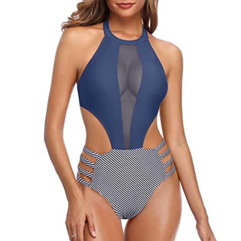 Hook Closure Center Back Sexy One Piece Bathing Suit For Women-Blue White Stripe