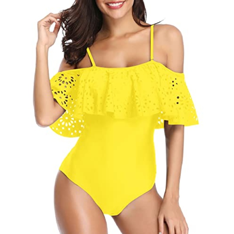 Lace Hollow Out Ruffle Flounce Off Shoulder 1 Piece Swimsuits For Women-Neon Yellow