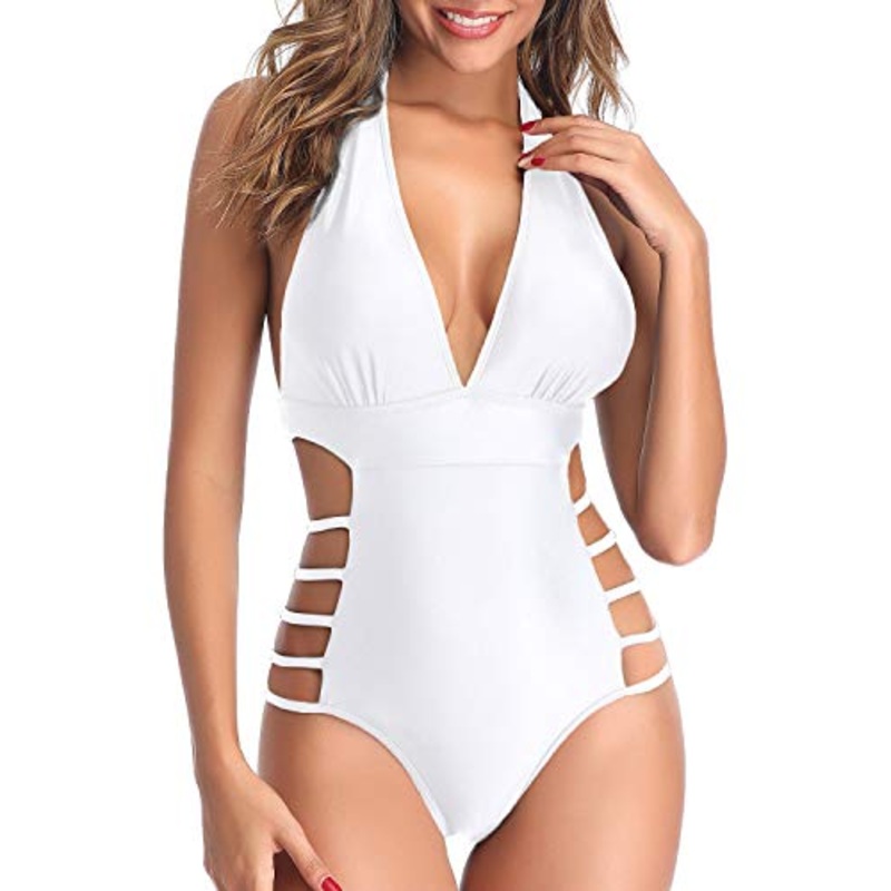 Low Back Plunge V Neck Halter Bathing Suits Backless One Piece Swimsuits-White