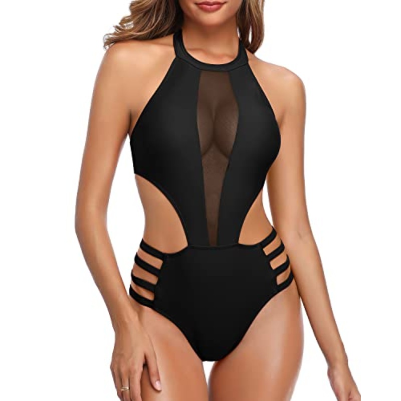 Mesh Patchwork Bust Design Sexy One Piece Bathing Suit For Women-Black