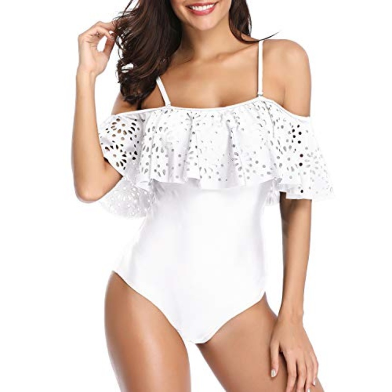 Modest One Piece Swimsuit Full Coverage Tummy Control Swimwear-White