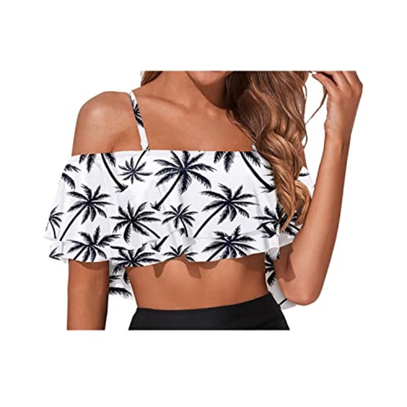 Off Shoulder Flounce Bikini Top Adjustable Bra-Black Palm Tree