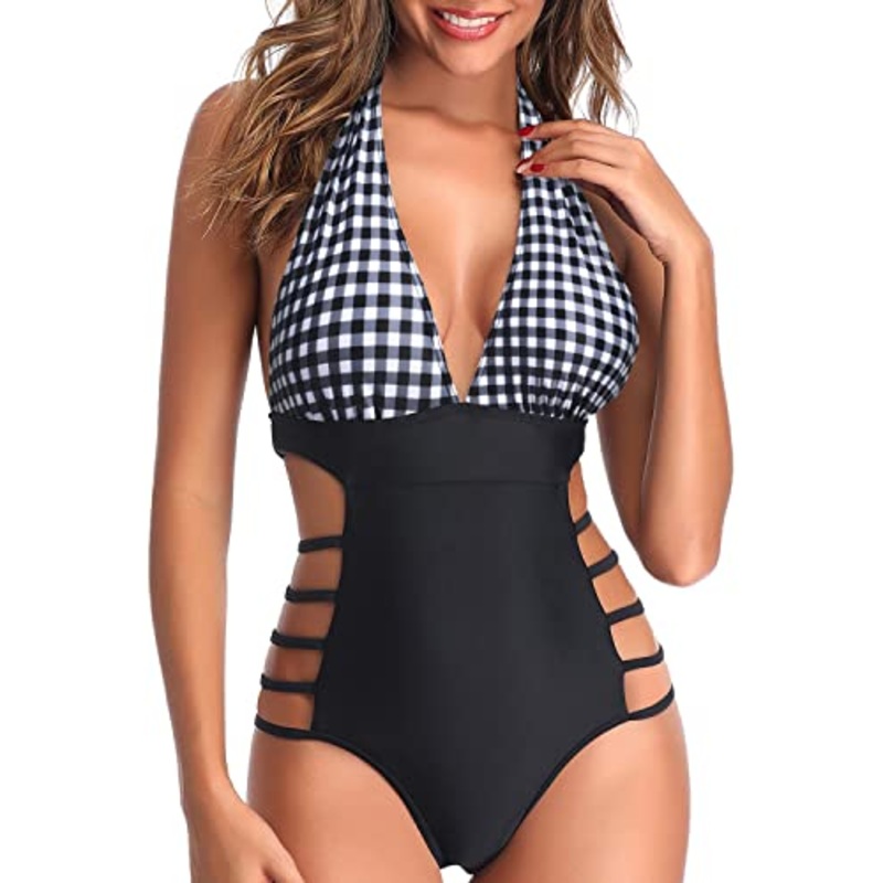 Open Back Cutout Sexy One Piece Swimsuits-Black And White Checkered