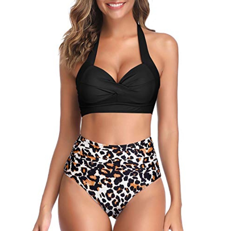 Padded Push Up Bra Halter Ruched High Waist Bikini-Black And Leopard