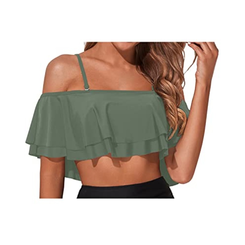 Pull-Up Tiered Ruffled Bikini Top Padded Bras-Army Green