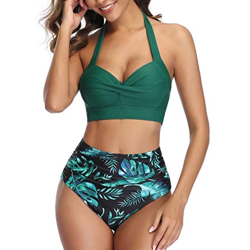 Push Up Bra Adjustable Straps Vintage High Waisted Bikini-Tropical Leaf