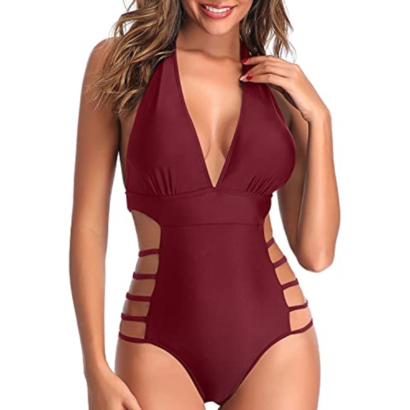Push-Up Bra Removable One Piece Swimsuits Backless One Piece Swimsuits-Maroon