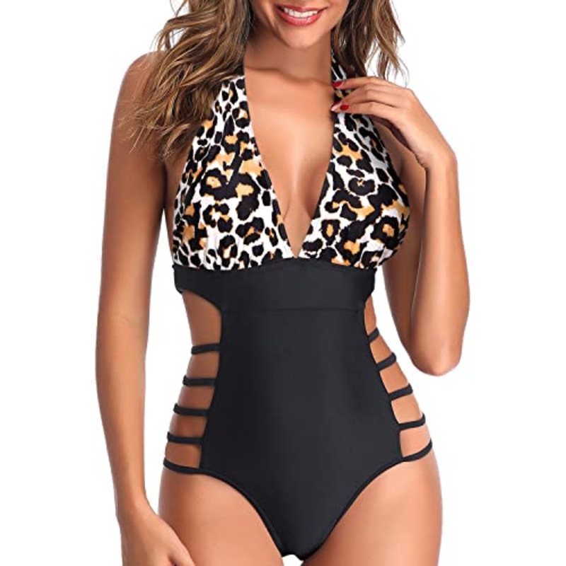 Removable Padded Push-Up Bra High Leg Cut Out String Swimwear-Black And Leopard