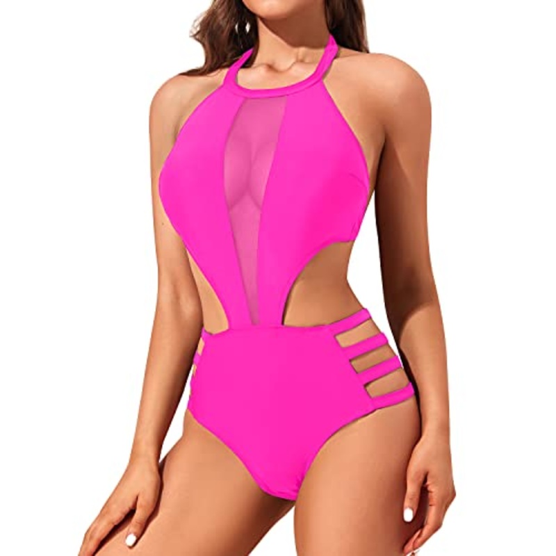 Removable Padded Push Up Bra One Piece Monokini Swimwear-Neon Pink