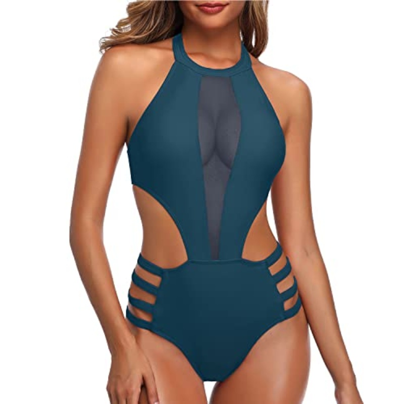 Removable Padded Push Up Bra Sexy One Piece Bathing Suit For Women-Teal
