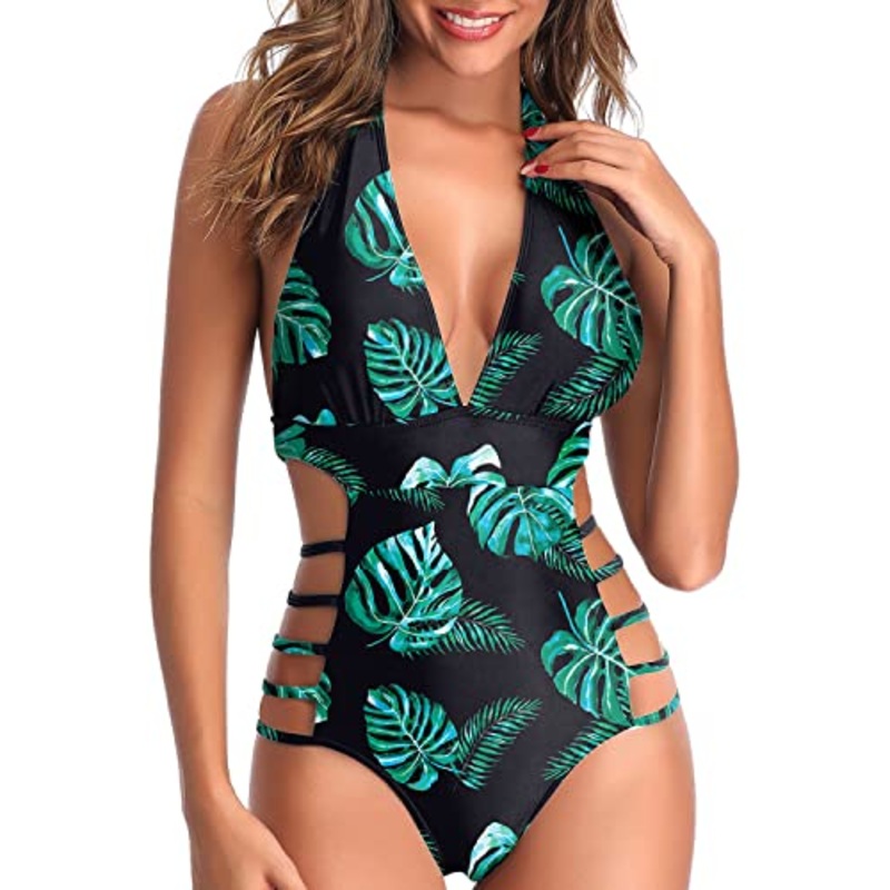 Removable Padded Push-Up Bra Sexy One Piece Swimsuits-Black And Green Leaf