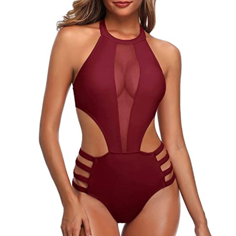 Removable Push Up Bra Mesh Cutout One Piece Monokini Swimwear-Maroon
