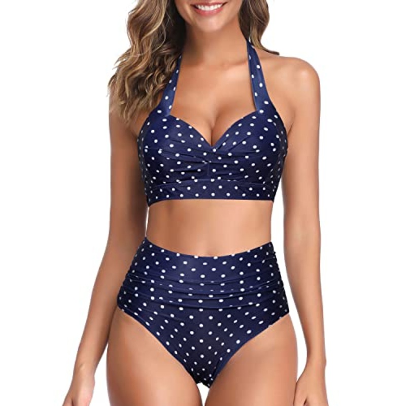 Retro Halter Ruched High Waist Bikini Bottom-Blue Dot