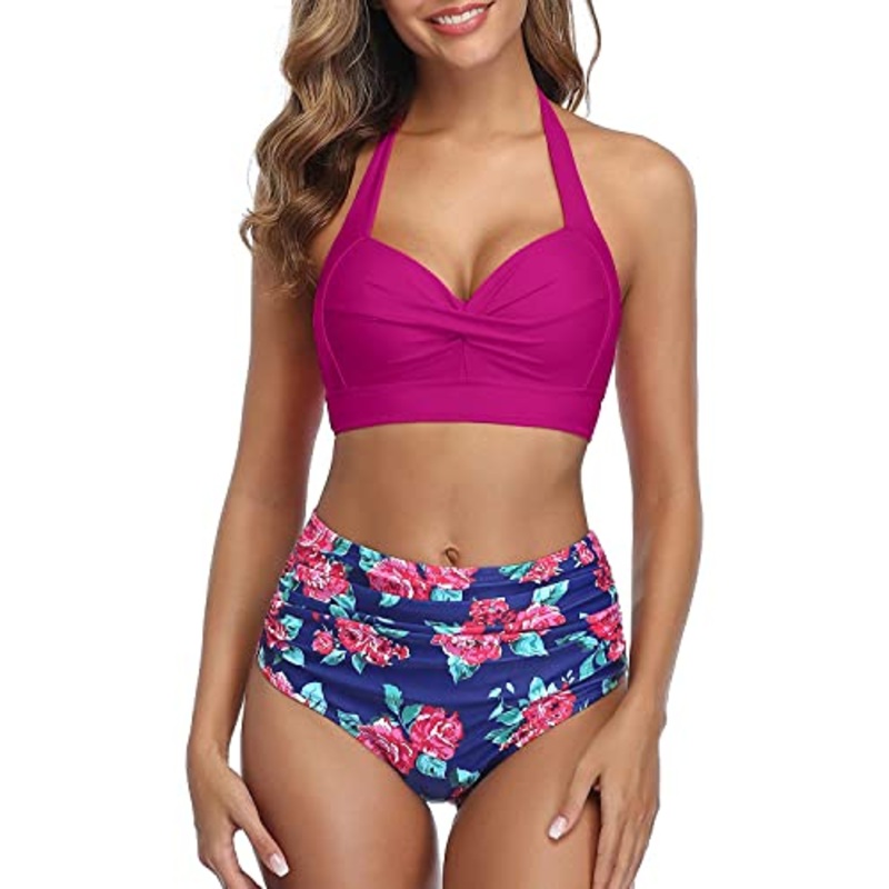 Retro Halter Ruched High Waist Bikini Women's Bikini Swimsuits-Pink Floral