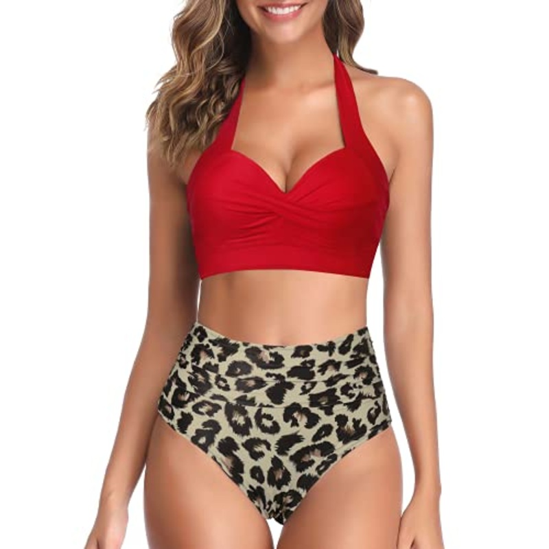 Retro High Waist Bikini Set Push Up Top For Women's Swimwear-Red And Leopard