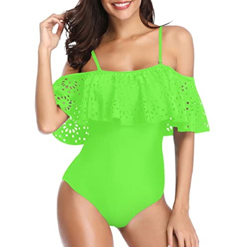 Retro One Piece Swimsuit Long Torso Elegant Curves Tummy Control Swimwear-Neon Green