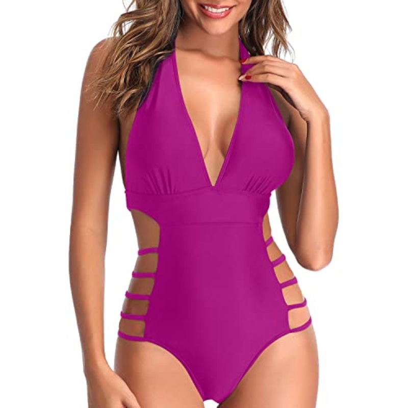 Sexy And Eye-Catching Plunge V Neck Halter Bathing Suits-Hot Pink