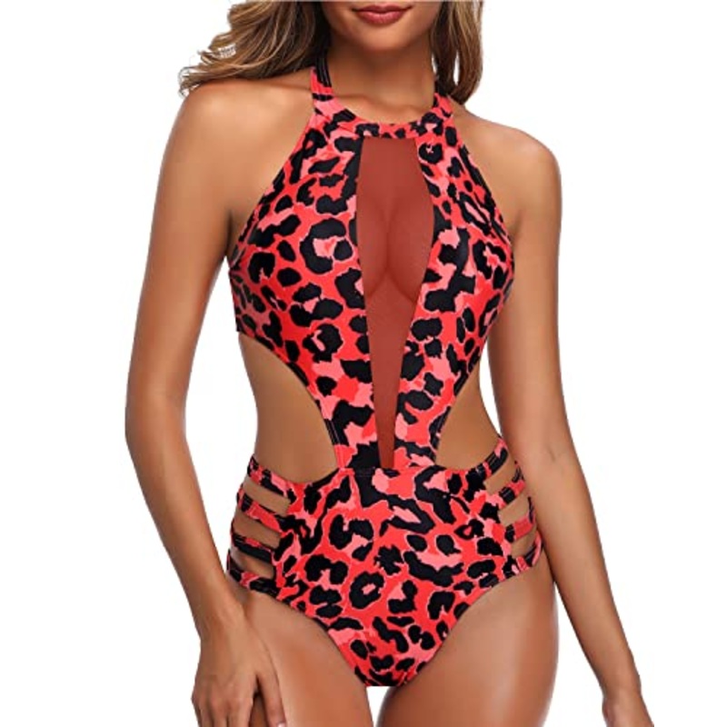 Sexy High Neck Halter Backless One Piece Monokini Swimwear-Red Leopard
