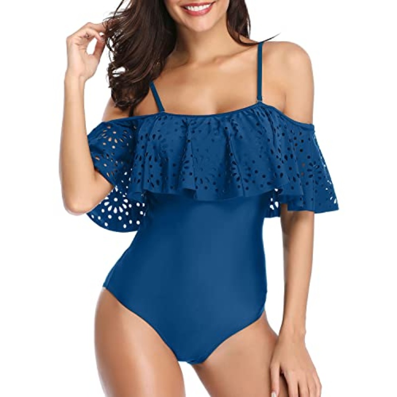 Sexy Hollow Out Lace 1 Piece Swimsuits For Women-Blue