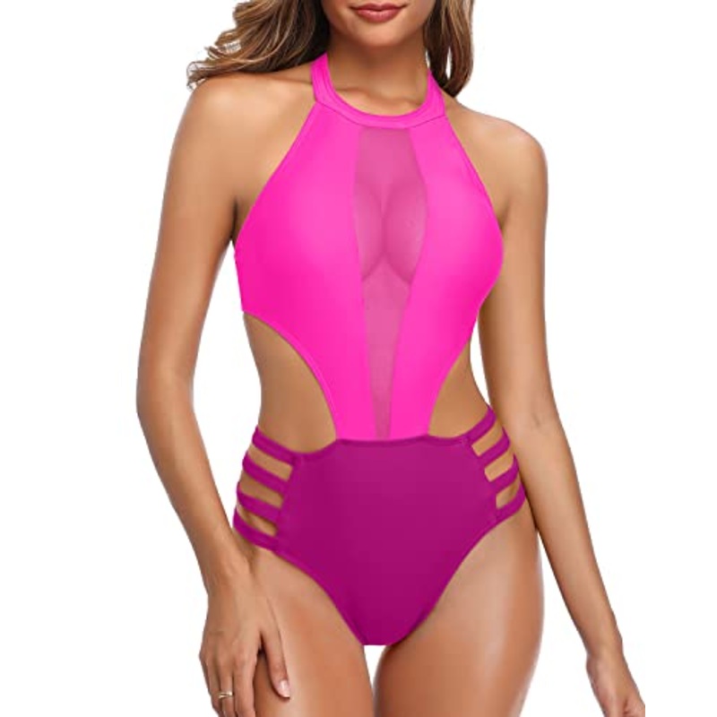 Sexy Mesh Cutout High Neck Halter One Piece Monokini Swimwear-Phosphor And Dark Pink