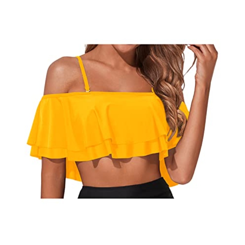 Sexy Ruffle Bikini Top Off Shoulder Swim Top-Yellow
