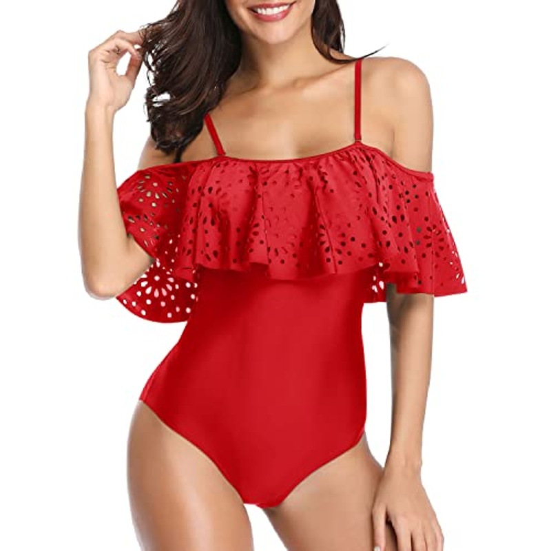 Sexy Ruffle Flounce Hollow Bathing Suits One Piece Off Shoulder Lace Swimsuits-Red