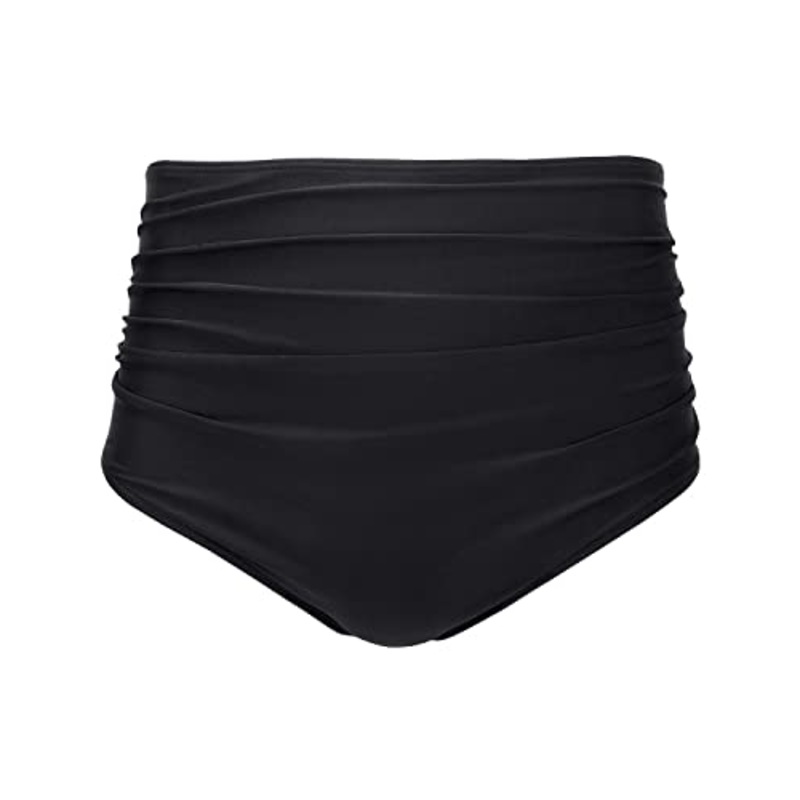 Sexy Women High Waisted Bikini Bottom Retro Ruched Swim Short-Black