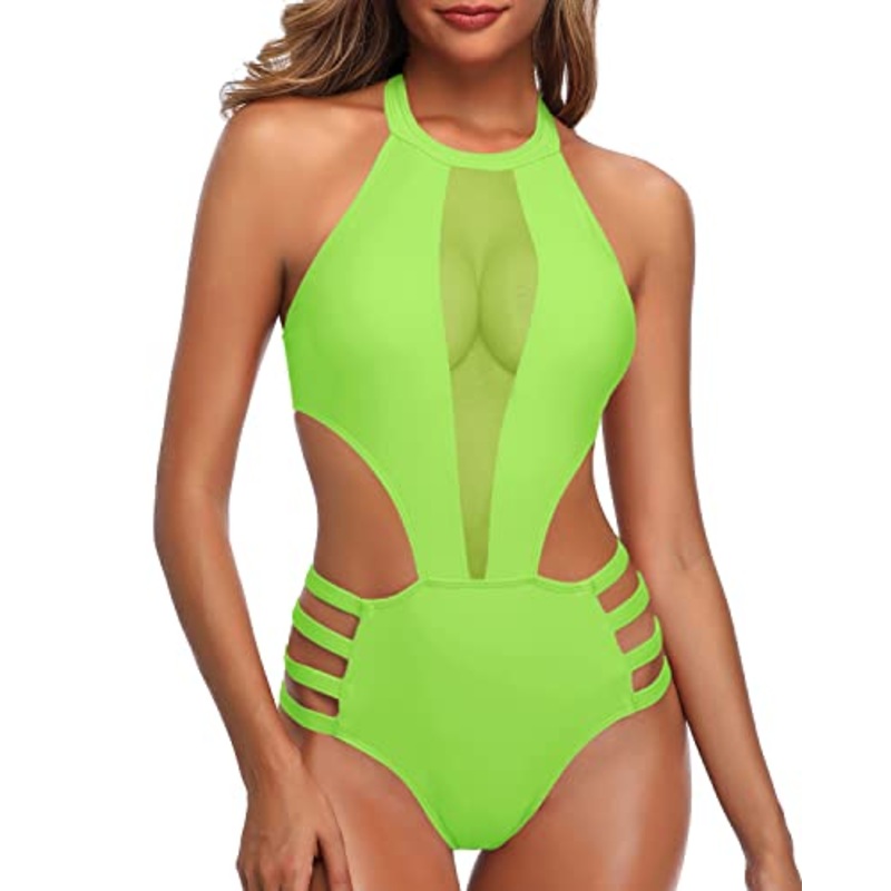 Slimming Black Cutout One Piece Swimsuit For Women-Neon Green
