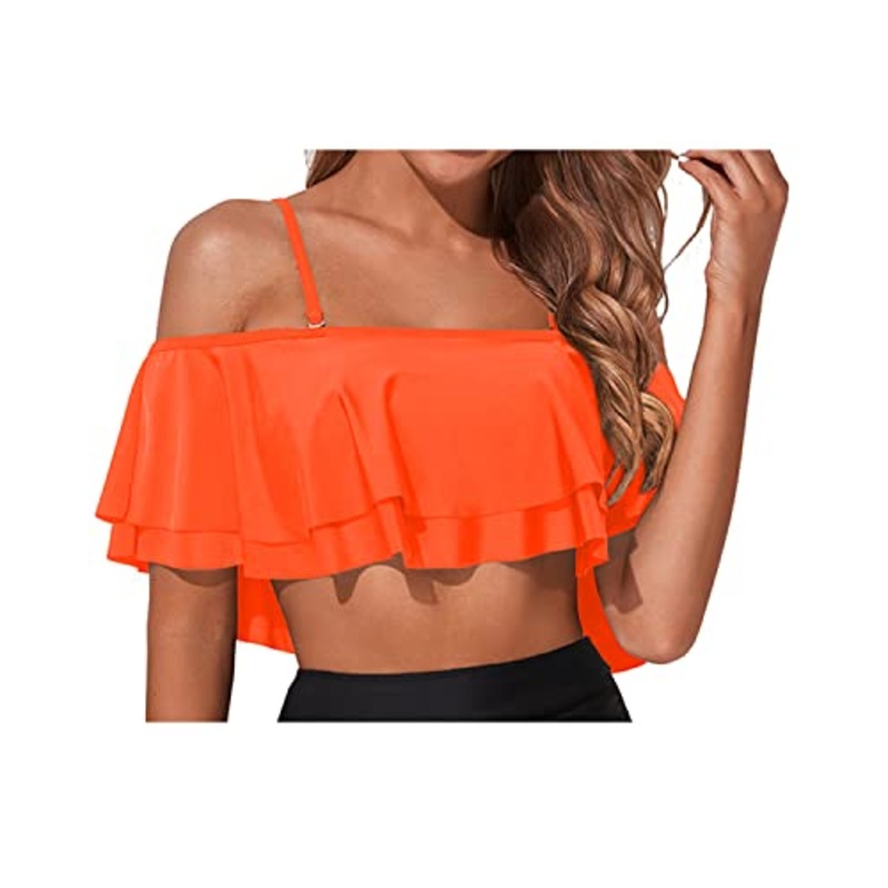 Sophisticated Elastic Band Flounce Swimsuit Top For Women-Neon Orange