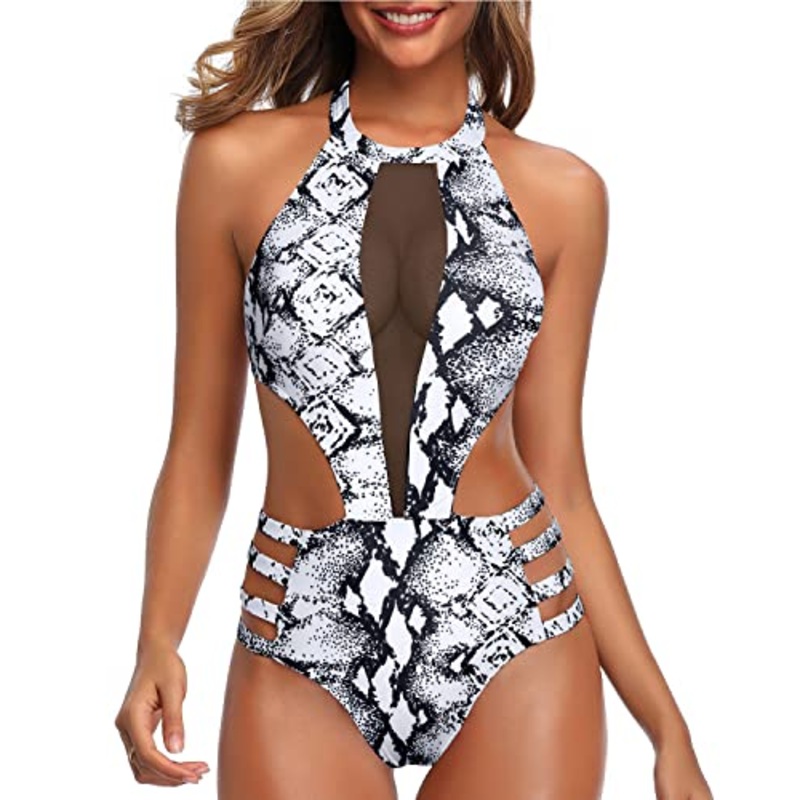 Strap Waist Mesh Patchwork One Piece Monokini Swimwear-Black And White Snake Print
