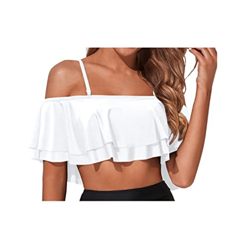 Striking Ruffled Flounce Swimsuit Top For Women-White