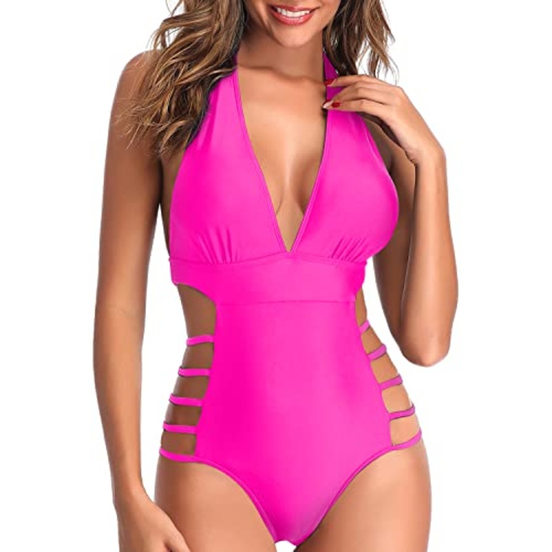 Stunning Plunge V Neck Monokini High Leg Cut Out String Swimwear-Neon Pink
