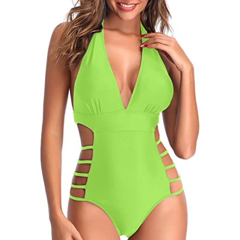 Stylish Cutout High Leg Cut Out String Swimwear-Neon Green