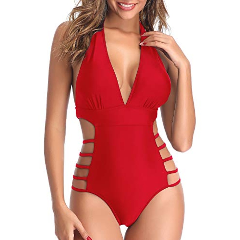 Stylish Hourglass Body Type One Piece Swimsuits Plunge V Neck Halter Bathing Suits-Red