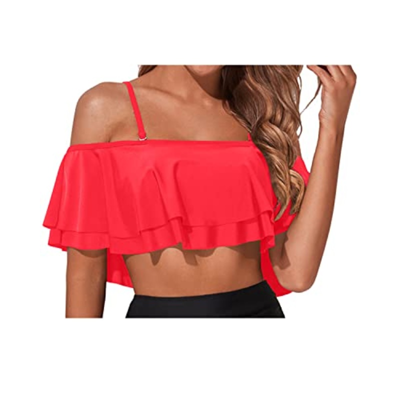 Stylish Spaghetti Shoulder Straps Off Shoulder Swim Top-Neon Red