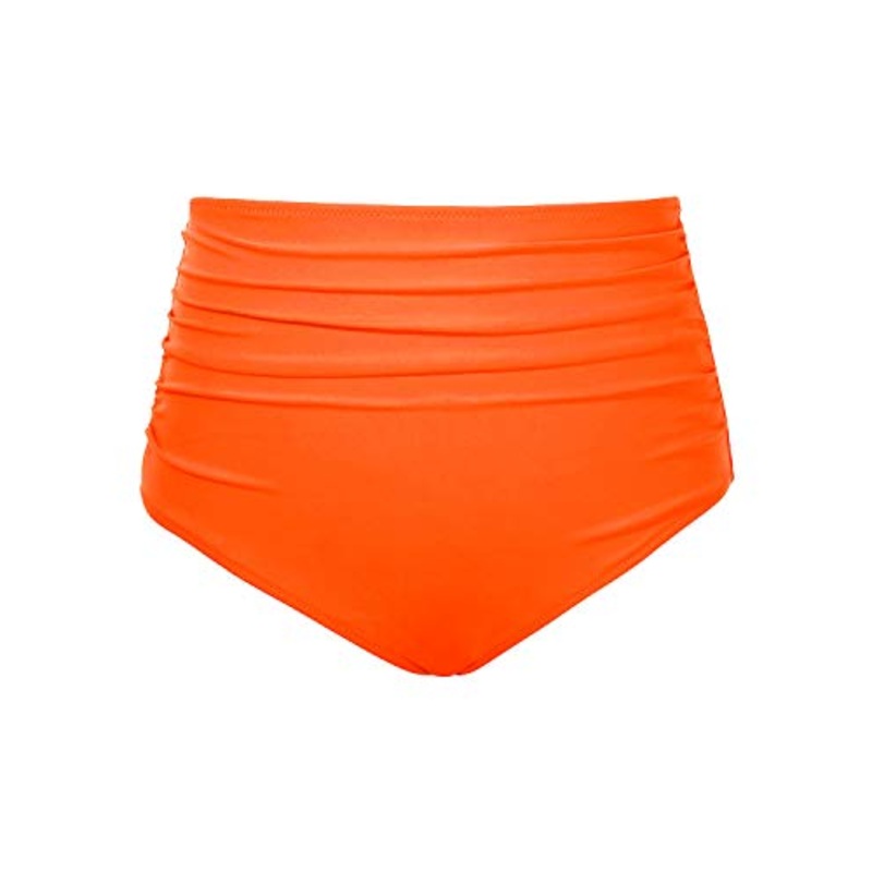 Stylish Women High Waisted Bikini Bottom Retro Ruched Swim Short-Neon Orange